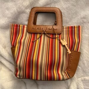 Vintage Fossil Multicolor Striped Tote Bag With Crossbody Strap